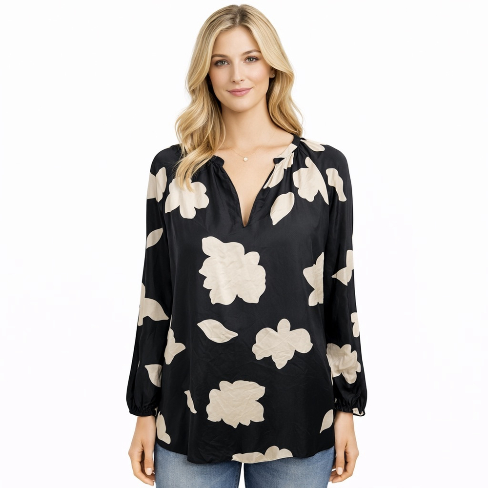 Theory Black Petal Open V-neck Gathered Silk Blouse Poet Romantic Shirt size M